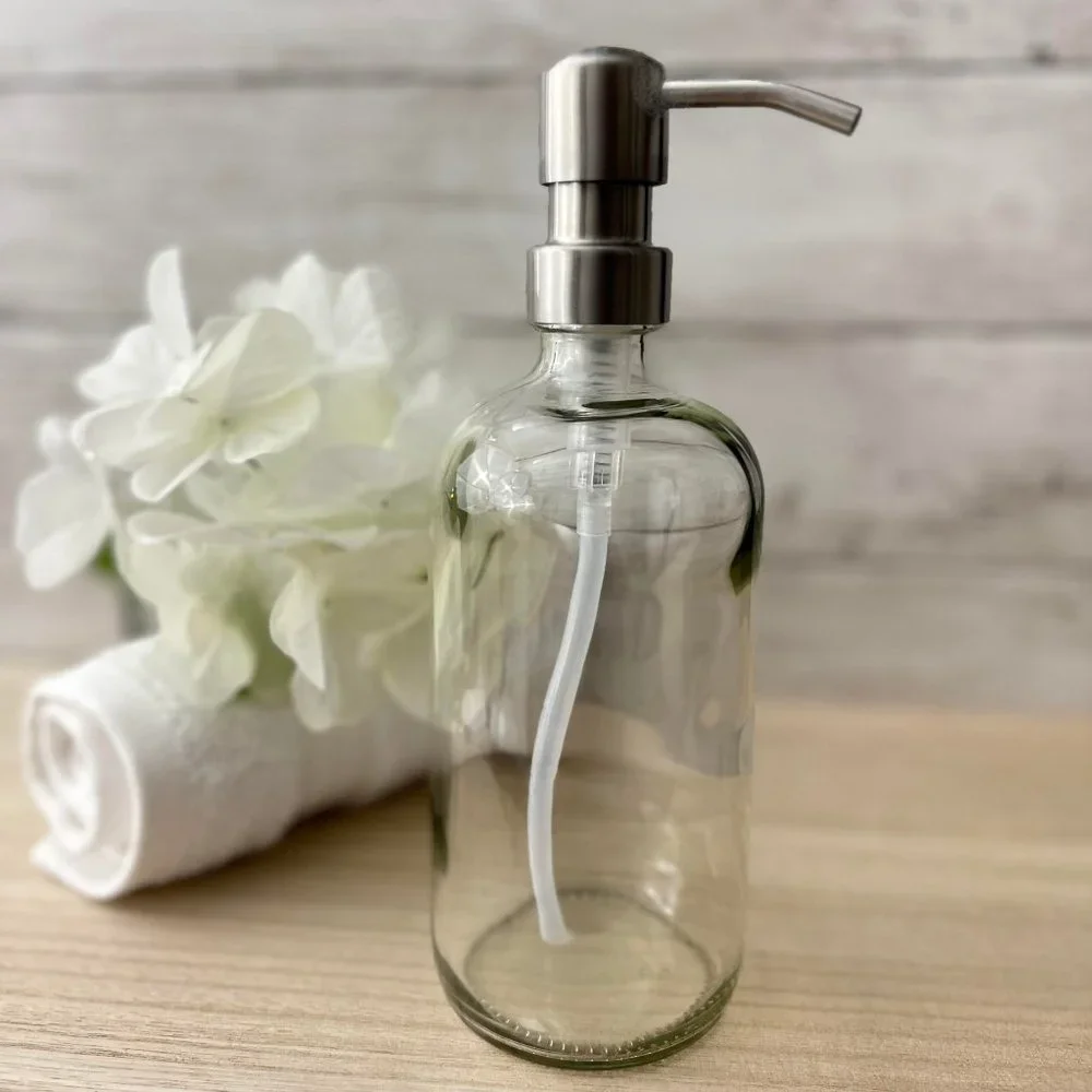 SET OF 2: 16 OZ. GLASS SOAP DISPENSER W/ METAL PUMP (CLEAR GLASS/SILVER …